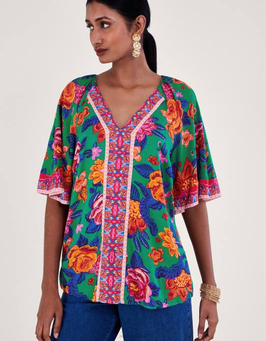 Monsoon نحيف بلوزة بطبعة زهور من لينزينج إيكوفيرو D68H105 ملابس البرتقالي