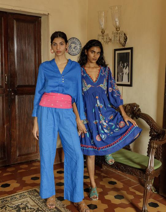 Monsoon نحيف قميص كتان بياقة نهرو فوق الرأس الهندي D68H1050 ملابس الأزرق (الكوبالت)