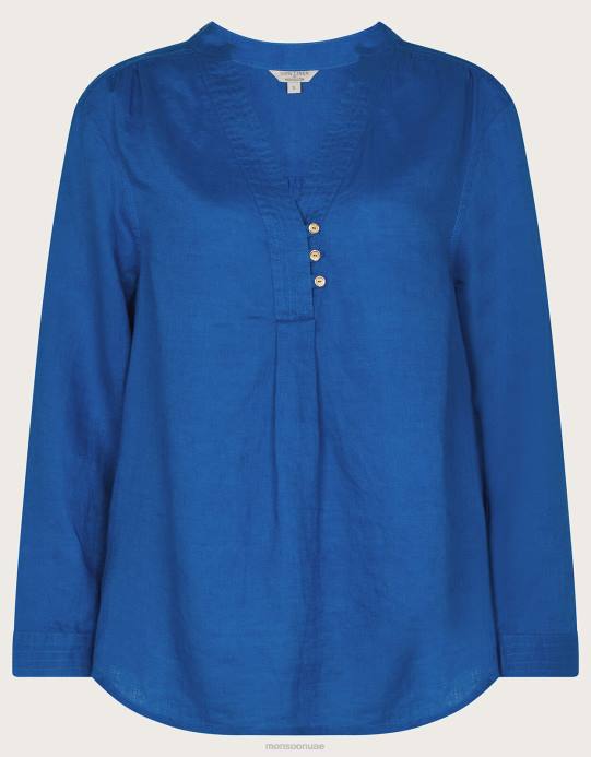 Monsoon نحيف قميص كتان بياقة نهرو فوق الرأس الهندي D68H1050 ملابس الأزرق (الكوبالت)