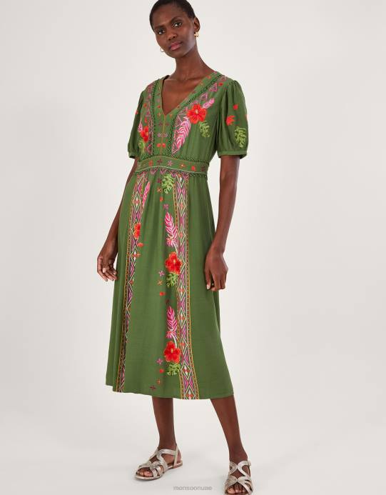 Monsoon نحيف فرح فستان الشاي المطرز بالزهور D68H1055 ملابس أخضر