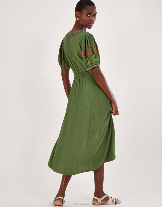 Monsoon نحيف فرح فستان الشاي المطرز بالزهور D68H1055 ملابس أخضر