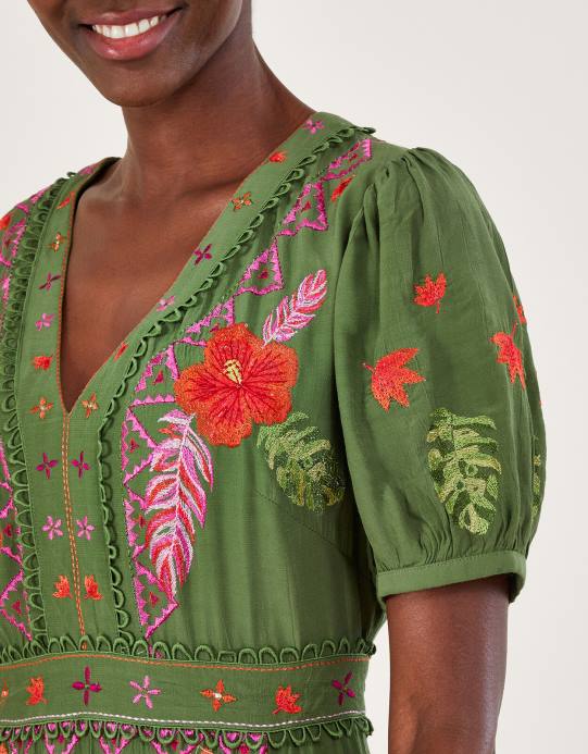 Monsoon نحيف فرح فستان الشاي المطرز بالزهور D68H1055 ملابس أخضر