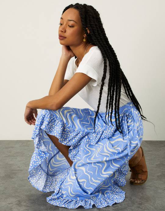 Monsoon نحيف تنورة ميدي بطبعة موجة ملفوفة D68H1057 ملابس أزرق