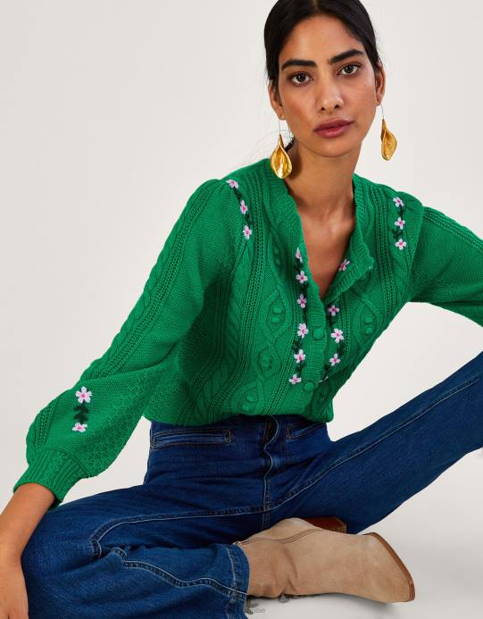 Monsoon نحيف سترة متماسكة مطرزة يدويًا D68H1060 ملابس أخضر