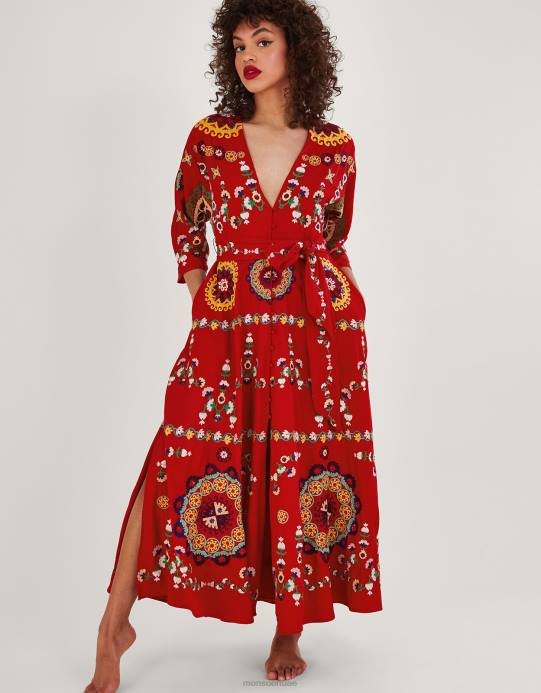 Monsoon نحيف فستان جنيفر كيمونو مزين يدوياً D68H1063 ملابس أحمر