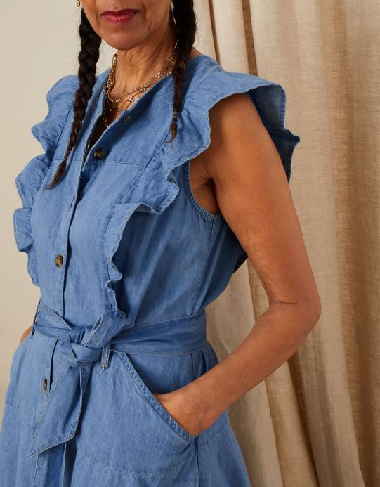 Monsoon نحيف فستان الشمس بأكمام مكشكشة من الدنيم مصنوع من القطن المستدام D68H1067 ملابس الأزرق (الدنيم الأزرق)