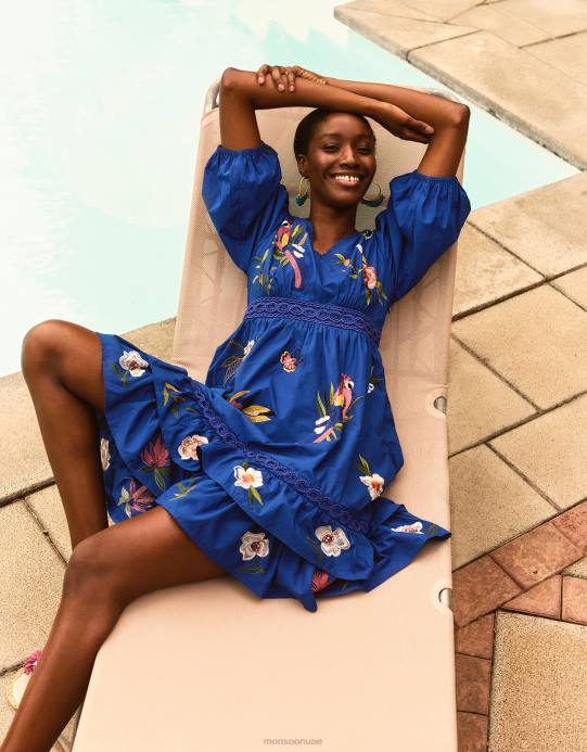 Monsoon نحيف فستان إيلي مطرز بحاشية ذات طبقات D68H1068 ملابس الأزرق (الكوبالت)