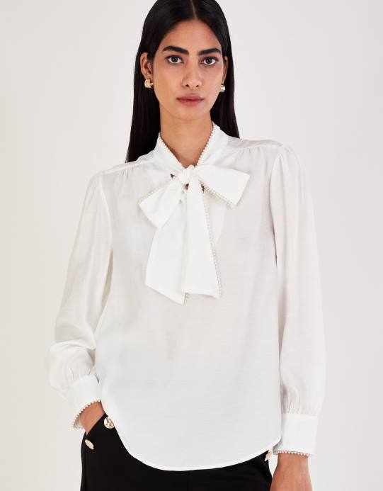 Monsoon نحيف بلوزة بولي بفيونكة D68H106 ملابس عاج