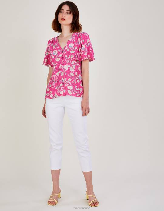 Monsoon نحيف بلوزة سوير بأكمام ملائكية من الزهور D68H1070 ملابس لون القرنفل