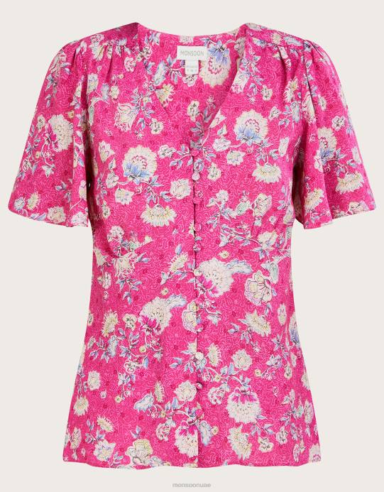 Monsoon نحيف بلوزة سوير بأكمام ملائكية من الزهور D68H1070 ملابس لون القرنفل