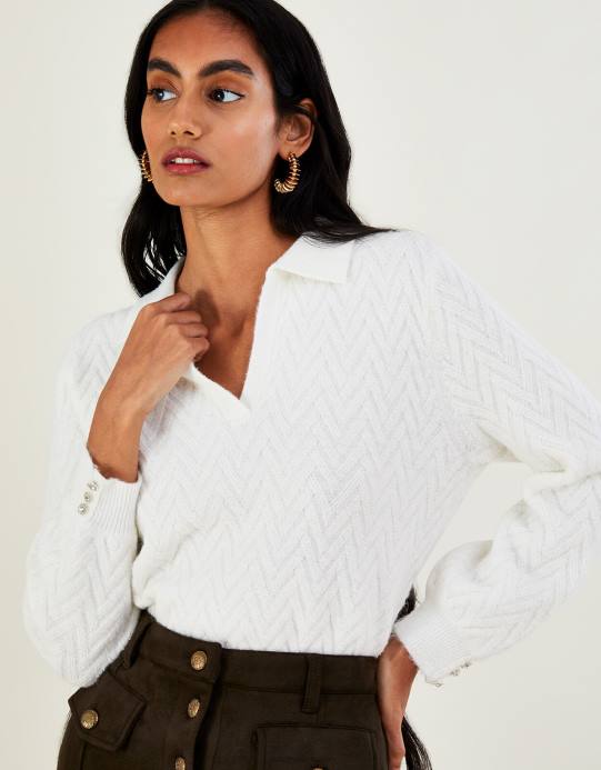 Monsoon نحيف سترة منسوجة بياقة كابل مع بوليستر معاد تدويره D68H1075 ملابس عاج