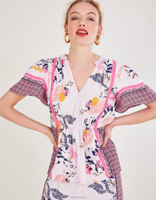 Monsoon نحيف بلوزة بطبعة فيدرا من الفيسكوز المستدام D68H1078 ملابس الوردي (احمر الخدود)