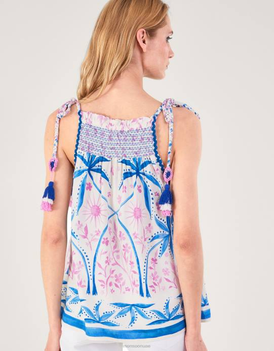 Monsoon نحيف بلوزة كامي مطرزة بطبعات النخيل من لينزينغ إيكوفيرو D68H107 ملابس أزرق