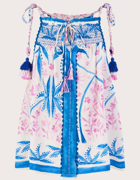 Monsoon نحيف بلوزة كامي مطرزة بطبعات النخيل من لينزينغ إيكوفيرو D68H107 ملابس أزرق