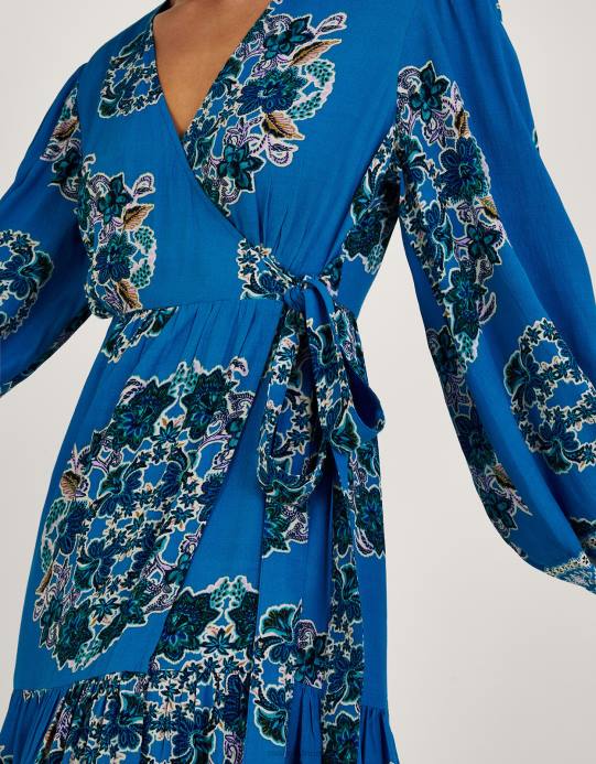 Monsoon نحيف فستان ملفوف بطبعة ثيا من الفيسكوز المستدام D68H1080 ملابس الأزرق (الكوبالت)