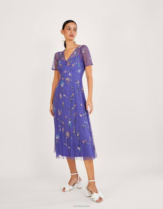 Monsoon نحيف فستان كاثي متوسط ​​الطول مزين بالبوليستر المعاد تدويره D68H1088 ملابس أزرق