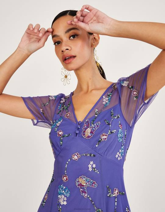 Monsoon نحيف فستان كاثي متوسط ​​الطول مزين بالبوليستر المعاد تدويره D68H1088 ملابس أزرق