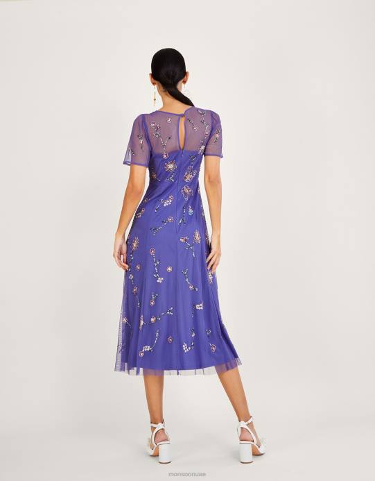 Monsoon نحيف فستان كاثي متوسط ​​الطول مزين بالبوليستر المعاد تدويره D68H1088 ملابس أزرق