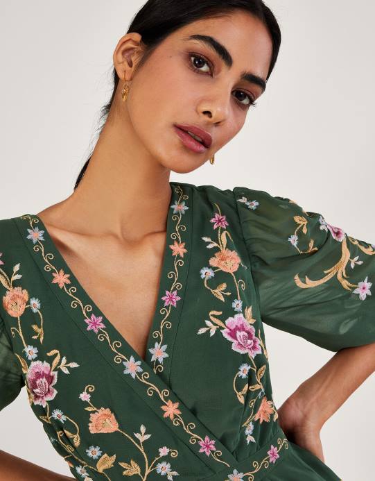 Monsoon نحيف فستان كريستيل مطرز من البوليستر المعاد تدويره D68H1089 ملابس أخضر