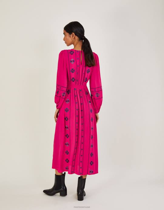 Monsoon نحيف فستان إليانا متوسط ​​الطول مطرز من الفيسكوز المستدام D68H1093 ملابس لون القرنفل