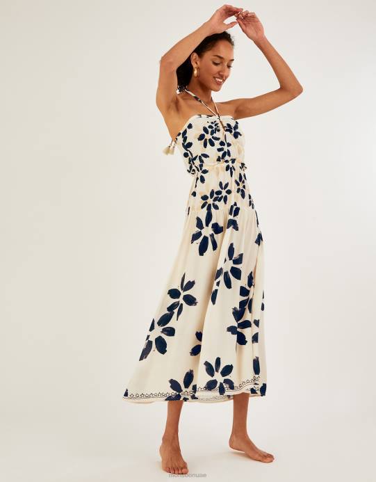 Monsoon نحيف فستان برقبة رسن وطبعة زهور تجريدية D68H1098 ملابس عاج