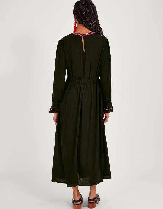 Monsoon نحيف فستان ماكسي مطرز بالنيون D68H10 ملابس أسود