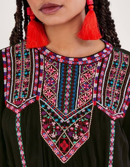 Monsoon نحيف فستان ماكسي مطرز بالنيون D68H10 ملابس أسود