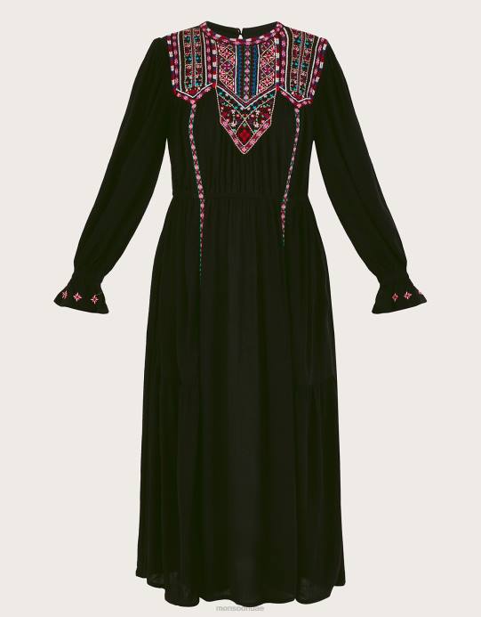 Monsoon نحيف فستان ماكسي مطرز بالنيون D68H10 ملابس أسود