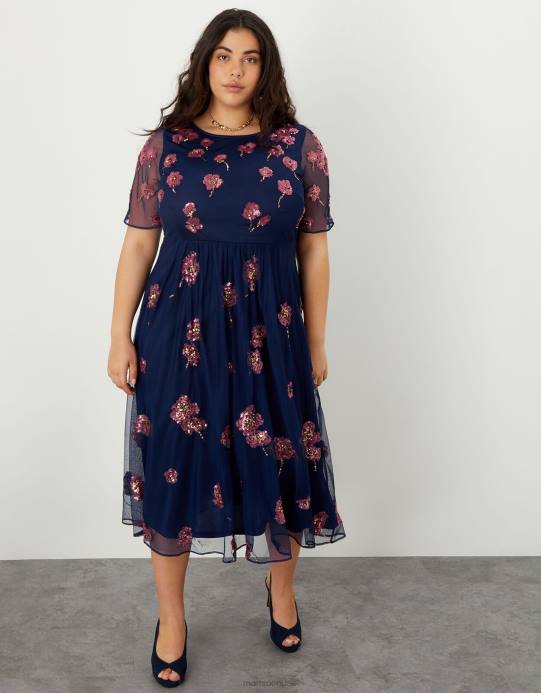 Monsoon نحيف فستان متوسط ​​الطول مزين بالياقوت من البوليستر المعاد تدويره D68H1100 ملابس الأزرق الداكن)