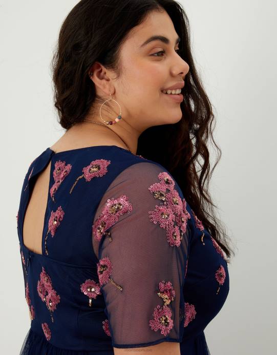 Monsoon نحيف فستان متوسط ​​الطول مزين بالياقوت من البوليستر المعاد تدويره D68H1100 ملابس الأزرق الداكن)