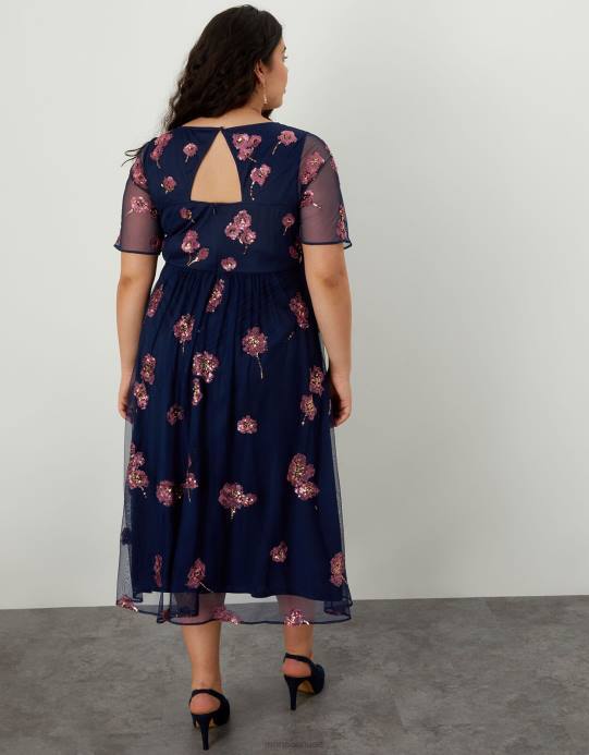 Monsoon نحيف فستان متوسط ​​الطول مزين بالياقوت من البوليستر المعاد تدويره D68H1100 ملابس الأزرق الداكن)