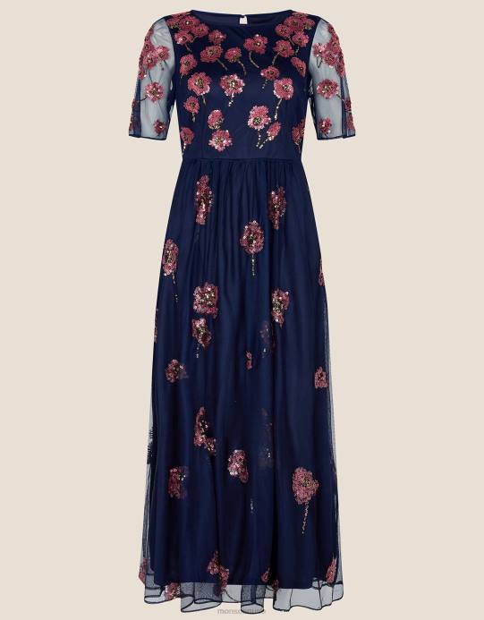 Monsoon نحيف فستان متوسط ​​الطول مزين بالياقوت من البوليستر المعاد تدويره D68H1100 ملابس الأزرق الداكن)