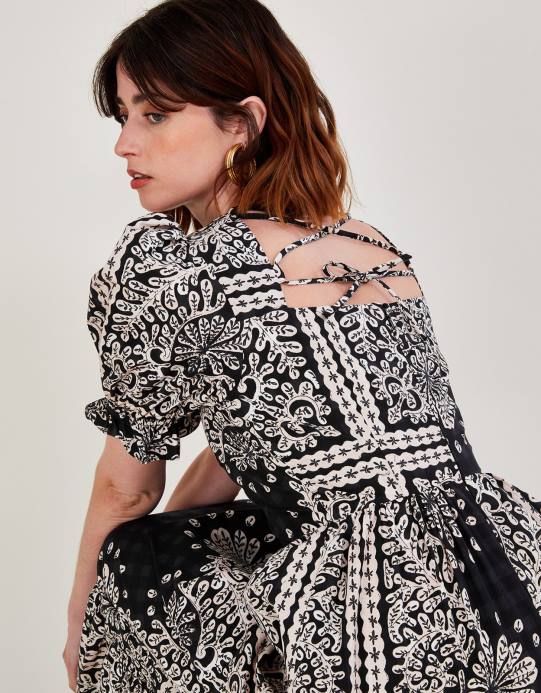 Monsoon نحيف فستان ميدي من قماش البوبلين بطبعة وشاح D68H1101 ملابس أسود