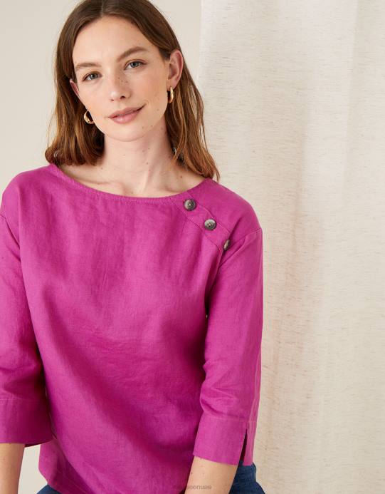 Monsoon نحيف تي شيرت طويل من خشب الورد مصنوع من الكتان الخالص D68H1108 ملابس الوردي (أرجواني)