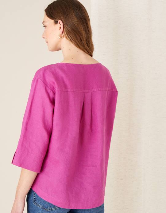 Monsoon نحيف تي شيرت طويل من خشب الورد مصنوع من الكتان الخالص D68H1108 ملابس الوردي (أرجواني)