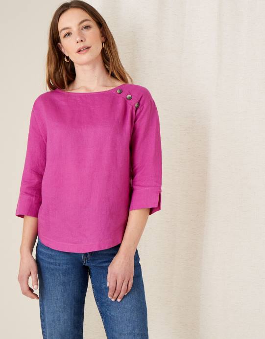 Monsoon نحيف تي شيرت طويل من خشب الورد مصنوع من الكتان الخالص D68H1108 ملابس الوردي (أرجواني)