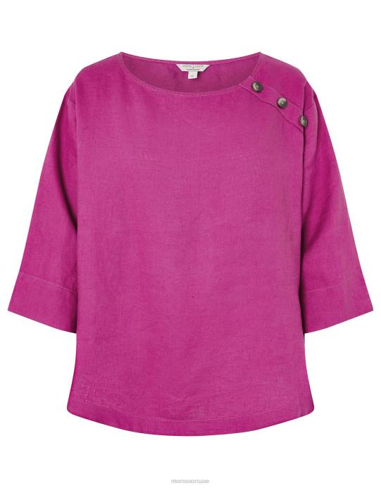 Monsoon نحيف تي شيرت طويل من خشب الورد مصنوع من الكتان الخالص D68H1108 ملابس الوردي (أرجواني)