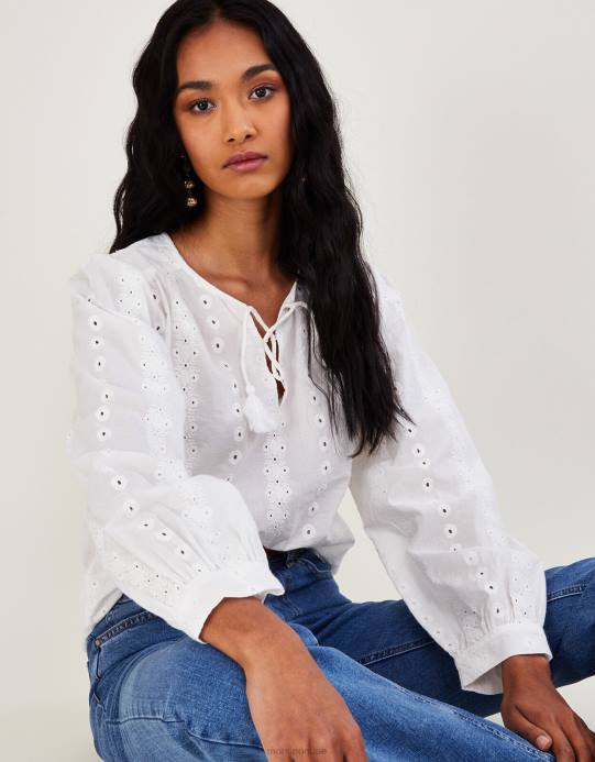 Monsoon نحيف بلوزة بأكمام طويلة مطرزة من شيفلي D68H1112 ملابس أبيض