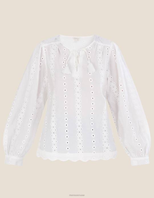 Monsoon نحيف بلوزة بأكمام طويلة مطرزة من شيفلي D68H1112 ملابس أبيض