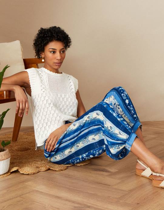 Monsoon نحيف بنطال حريم بطبعة خطوط متعددة في لينزينغ إيكوفيرو D68H1118 ملابس أزرق