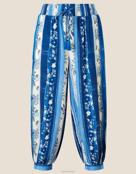 Monsoon نحيف بنطال حريم بطبعة خطوط متعددة في لينزينغ إيكوفيرو D68H1118 ملابس أزرق