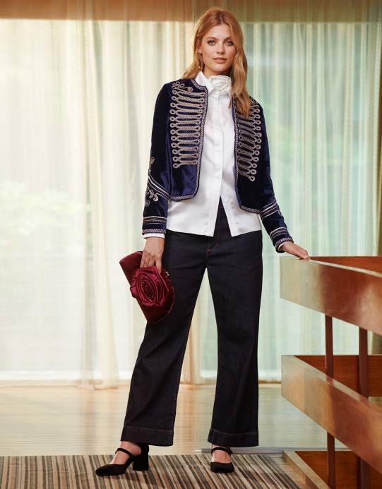 Monsoon نحيف مايا سترة عسكرية التطريز D68H112 ملابس الأزرق (منتصف الليل)