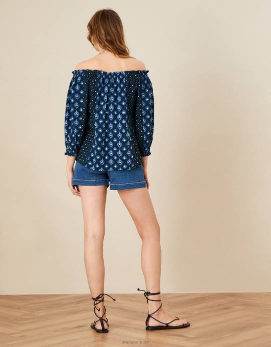 Monsoon نحيف بلوزة باردو بأكمام مزينة بطبعة رقعة D68H1125 ملابس الأزرق الداكن)