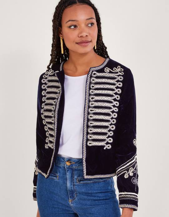 Monsoon نحيف مايا سترة عسكرية التطريز D68H112 ملابس الأزرق (منتصف الليل)