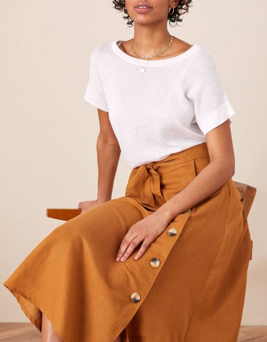 Monsoon نحيف تنورة ميدي بأزرار وهمية D68H1132 ملابس الجمل (الكراميل)