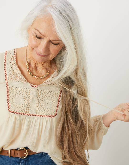 Monsoon نحيف بلوزة مريلة كروشيه D68H1136 ملابس عاج