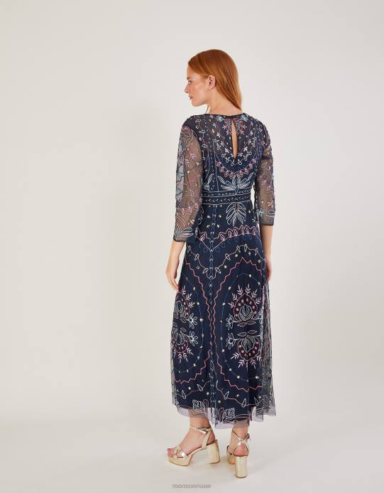 Monsoon نحيف فستان جانين متوسط ​​الطول مزين بالبوليستر المُعاد تدويره D68H1139 ملابس الأزرق الداكن)