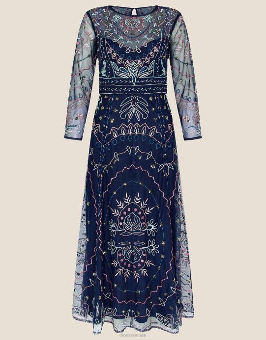 Monsoon نحيف فستان جانين متوسط ​​الطول مزين بالبوليستر المُعاد تدويره D68H1139 ملابس الأزرق الداكن)