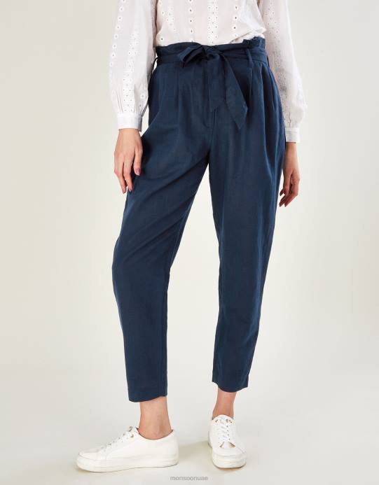 Monsoon نحيف بنطلون الخصر كيس ورق الكتان D68H1140 ملابس الأزرق الداكن)