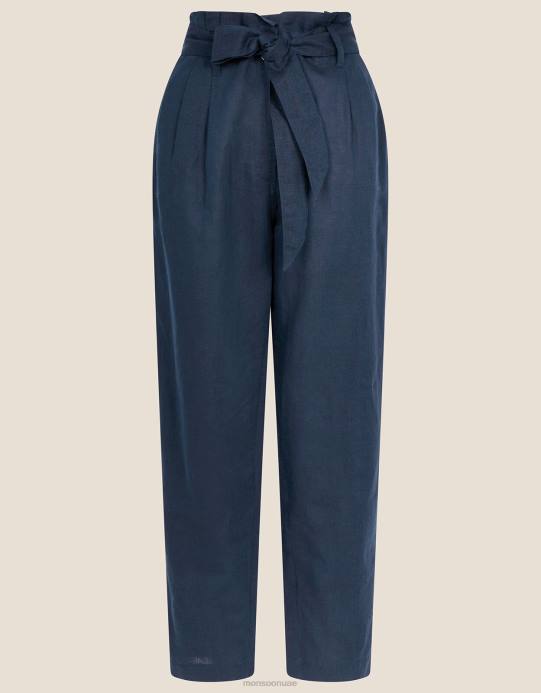 Monsoon نحيف بنطلون الخصر كيس ورق الكتان D68H1140 ملابس الأزرق الداكن)